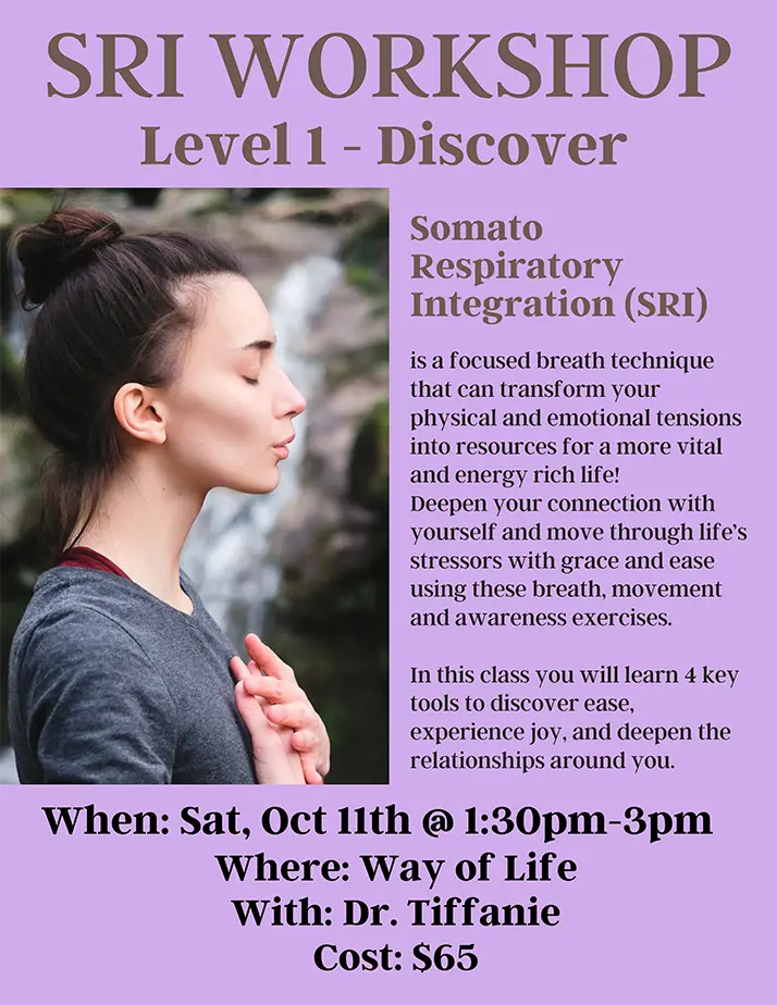 A flyer advertising an SRI Workshop at Way of Life Wellness Center on October 11 2025